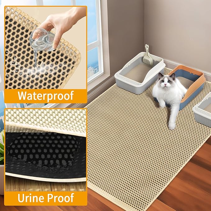 Large Cat Litter Box Mat,35''X 25'' Litter Trapping Mat for indoor Cat, Litter box Mat for Floor, 2 Layer Litterbox Catcher Rug for Kitty Pet,Waterproof Urine Proof, Clean Easily, Non-Slip