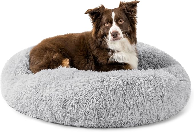 PetAmi Calming Dog Bed for Small & Medium Dogs and Cats, 30 Round Donut Dog Bed, Washable Fluffy Faux Fur Puppy & Cat Bed, Anti-Anxiety Plush Cuddler Pet Bed with Anti-Slip Bottom - Light Gray