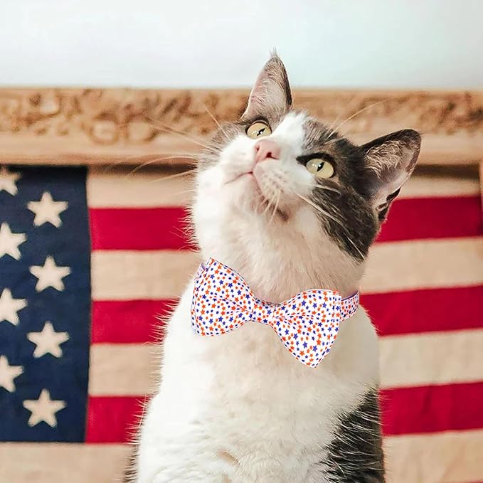 2 Pack 4th of July Cat Collar with Bow Tie Patriotic Adjustable Breakaway Safety Buckle Kitten Collars with Stars & Stripes Design and Charm Independence Day Cat Accessories for Boys & Girls