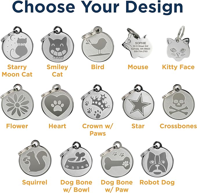 GoTags Designer Pet ID Tags in Stainless Steel for Dogs and Cats, Custom Engraved with 4 Lines of Personalized ID, Cute, Unique Pet Tags in Several Fun Designs