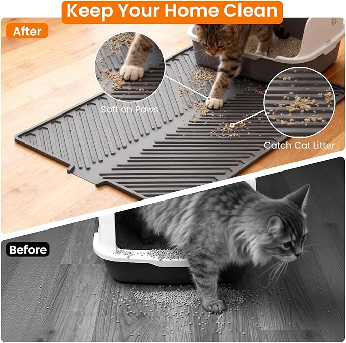 Cat Litter Box Mat, 34" x 22" Large Silicone Waterproof Litter Trapping Mat for Scatter Control, Non-Slip, Easy to Clean, Soft on Kitty Paws