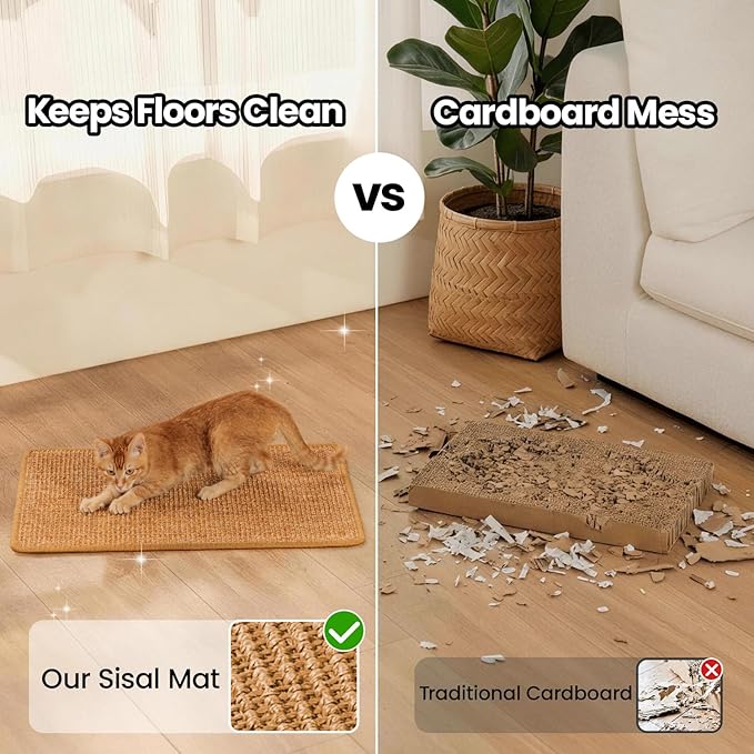Conlun Cat Scratcher Mat,Natural Sisal Cat Scratch Pad with Hook&Loop Tape,Horizontal Floor Kitten Scratching Pads Rug for Indoor,Pet Furniture Protector for Couch&Carpets&Sofas, Large, Brown