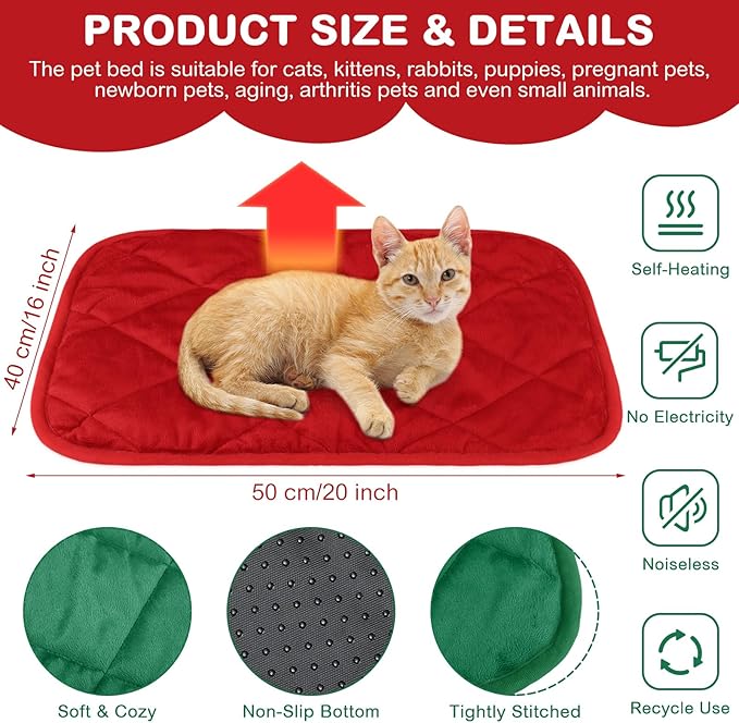 2 Pack Self Heating Cat Mat Self Warming Pet Pads Washable Kennel Mat Dog Crate Pad Reflects Body Heat Non Skid Cat Thermal Pads for Puppy Indoor Outdoor (Red, Green,16 x 20 Inches)