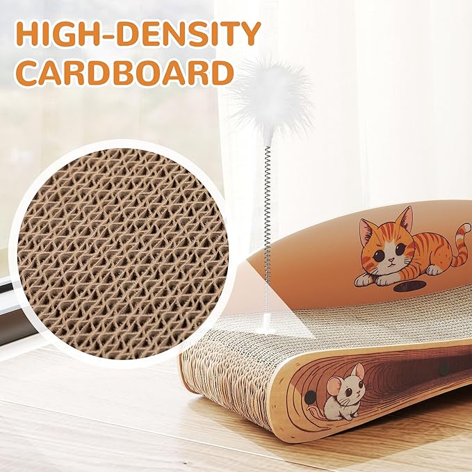 Cat Scratcher Lounge Bed, Reversible 2-in-1 Cardboard Scratching Board, Durable Curved Cat Scratch Pad for Indoor Cats with Toy, Cartoon Pattern