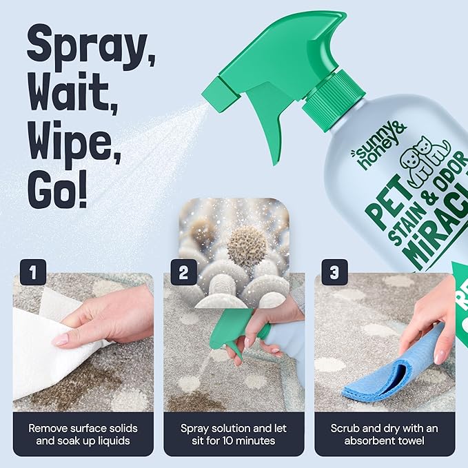 Sunny & Honey Pet Stain & Odor Miracle - Fast Acting Carpet Cleaner - Enzyme Spray for Carpets, Mattresses & Upholstery - Rug Shampoo - Dog Pee Cleaner & Surface Odor Remover (32 fl oz, Spring Mint)