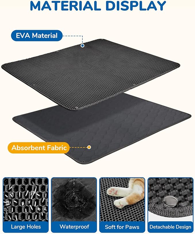 BurgeonNest 45"x32" Extra Large Cat Litter Mat, Honeycomb Double Layer Kitty Litter Trapping Mat, Urine Proof & Waterproof, Easy Clean, Machine Washable, Non-Slip, Scatter Control, Black
