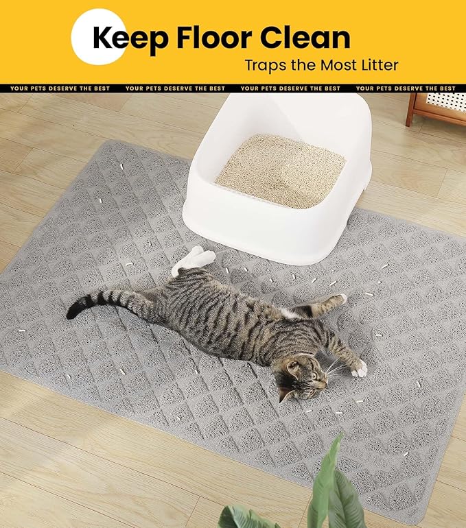 Conlun Cat Litter Mat Litter Trapping Mat, 47” x 35” Premium Durable PVC Cat Litter Box Mat with Scatter Control, Non-Slip, Less Waste Kitty Litter Mat, Soft on Kitty’s Paws, Urine Waterproof, Grey