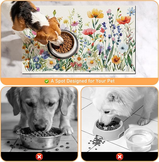 Dog Cat Food Mat - Absorbent Anti Slip Dog Bowl Mats for Food and Water, Quick Dry Cat Feeding Matts for Floors, Diatomite Pet Dish Placemat Accessories Supplies, Wildflower Style, 12 * 20in