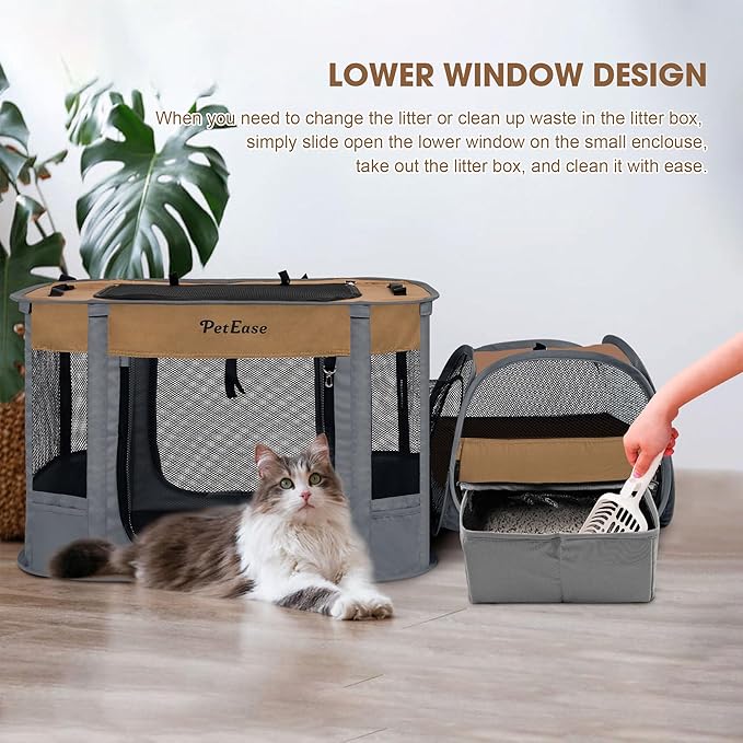 Portable 2-in-1 Dog playpen, Outdoor Cat Playpen with Litter Box Area for Indoor Cats Enclosed Rabbit Puppy Hamster, Indoor/Outdoor Cats Enclosure Cages Tent Tent (Brown)