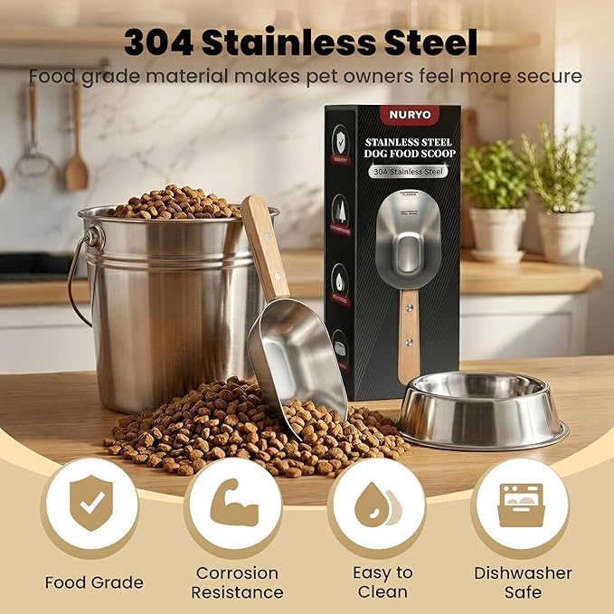 Dog Food Scoop 1 Cup,304 Stainless Steel Cat Food Scoop with Long Wooden Handle,Dog Food Measuring Cup with Precision Scale for Pet Food Rice Flour