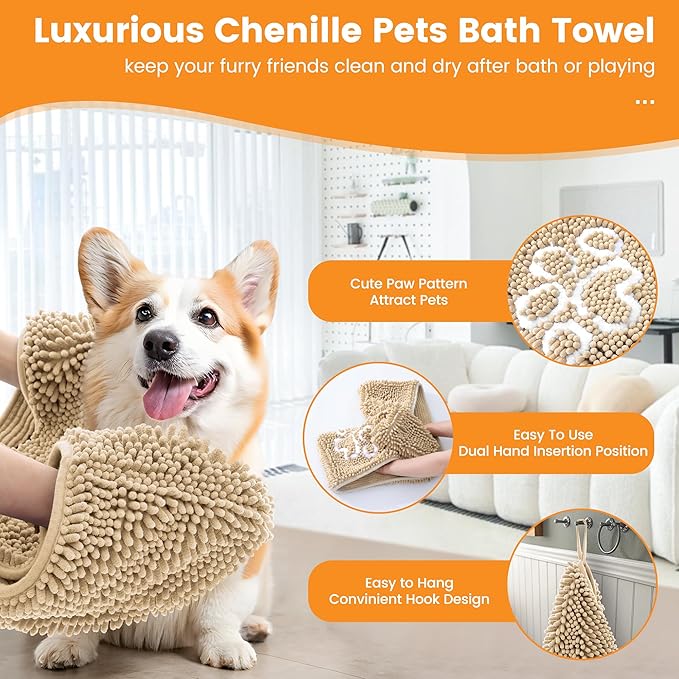 Smiry Chenille Dog Drying Towel, Extra Absorbent Bath Towel for Mud Dogs, Ultra Soft Quick Dry Pet Wash Mitt for Bathing, Grooming and Post-Walk Cleaning (31x13 Inches, Beige)