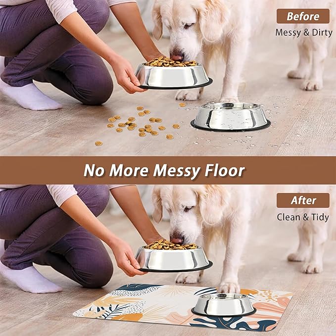 Boho Tropical Leaves Dog Food Mat for Floors,Absorbent Pet Food and Water Bowl Mats,Non-Slip Pet Feeding Mat,Pet Supplies 12" x 20"