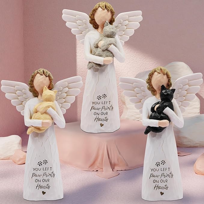 BORLESTA Loss of Cat Sympathy Gift, Cat Memorial Gifts for Loss of Cat, Passed Away Cat Gifts, Pet Memorial, Cat Mom, Hand-Painted Figurines Angel Cat (Yellow)