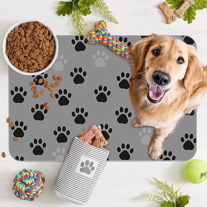 Cat Paw Prints Dog Food Mat for Floors,Gray Black Absorbent Pet Food and Water Bowl Mats,Non-Slip Pet Feeding Mat,Pet Supplies 12" x 20"