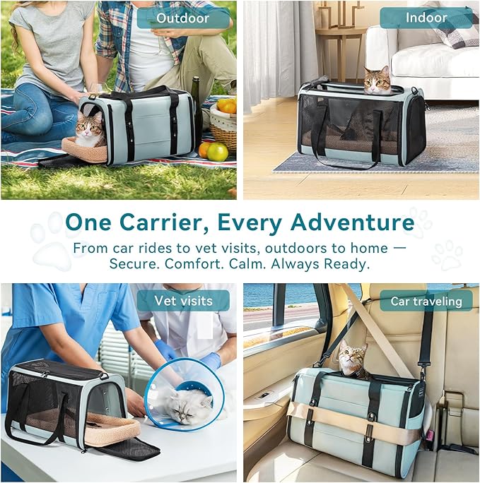 PETSFIT Soft-Sided Cat Carrier with Patented Safety Buckles, Lockable Zippers & Safety Tether,Escape-Resistant Travel Pet Carrier for Car Rides & Vet Visits, Airline Approved Under-Seat, Up to 12 lbs