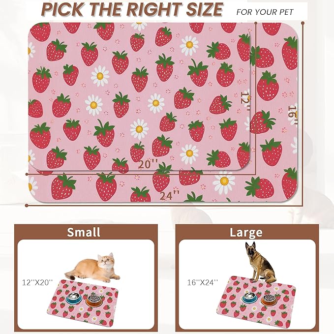 Cute Strawberry Flower Dog Cat Food Mat,Pink Absorbent Pet Feeding Mat with Rubber Backing,Non-Slip Water Bowl Placemat,Indoor Pet Accessories Supplies 16"x24"