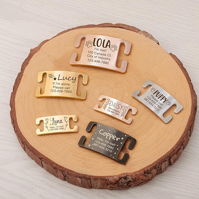 Anavia Slide On Silent Pet ID Tags, Fun Wild Flower Frame Design Personalized Engraved Plated Stainless Steel Cat Dog Name Tags, Glossy Customized Chew-Proof Quiet Dog Collar Tags (Large, Rose Gold)