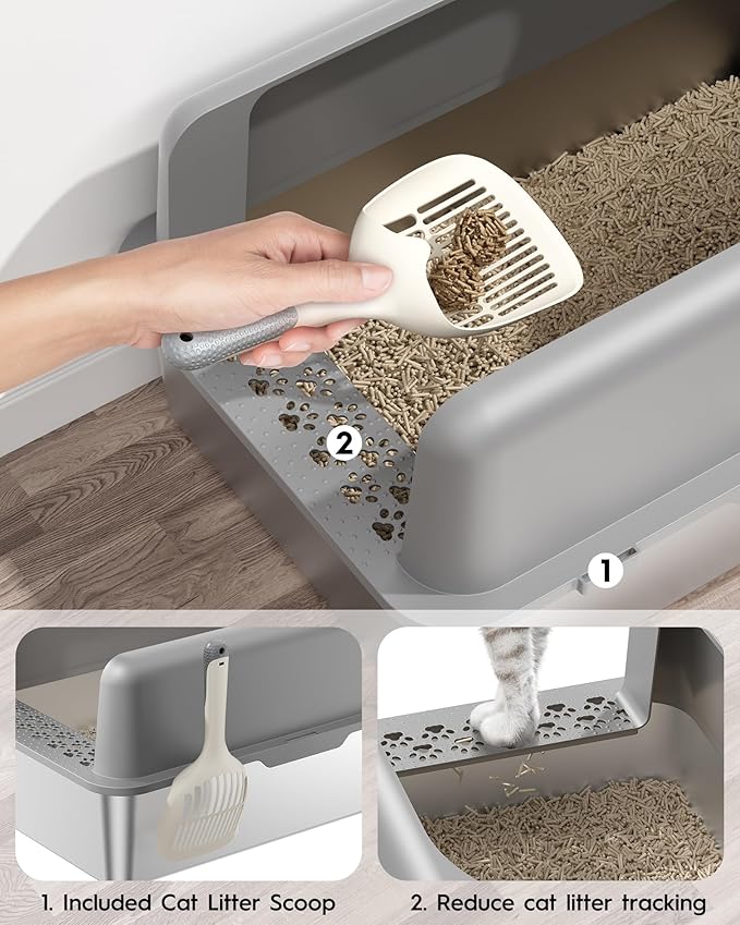 Stainless Steel Cat Litter Box, Extra Large Enclosed Litter Boxs for Big Cats, XL Metal Litter Box with Lid, High Sided, Non Stick, No Smell, Easy to Clean, Included Scoop