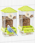 Hamiledyi 2 Pcs Automatic Bird Feeder No Mess Bird Cage Feeder Seed Food Container with Perch Transparent Parrot Cage Accessories for Parakeets, Budgies, Cockatoos, Finches, Lovebirds (Green)