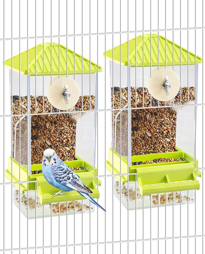 Hamiledyi 2 Pcs Automatic Bird Feeder No Mess Bird Cage Feeder Seed Food Container with Perch Transparent Parrot Cage Accessories for Parakeets, Budgies, Cockatoos, Finches, Lovebirds (Green)