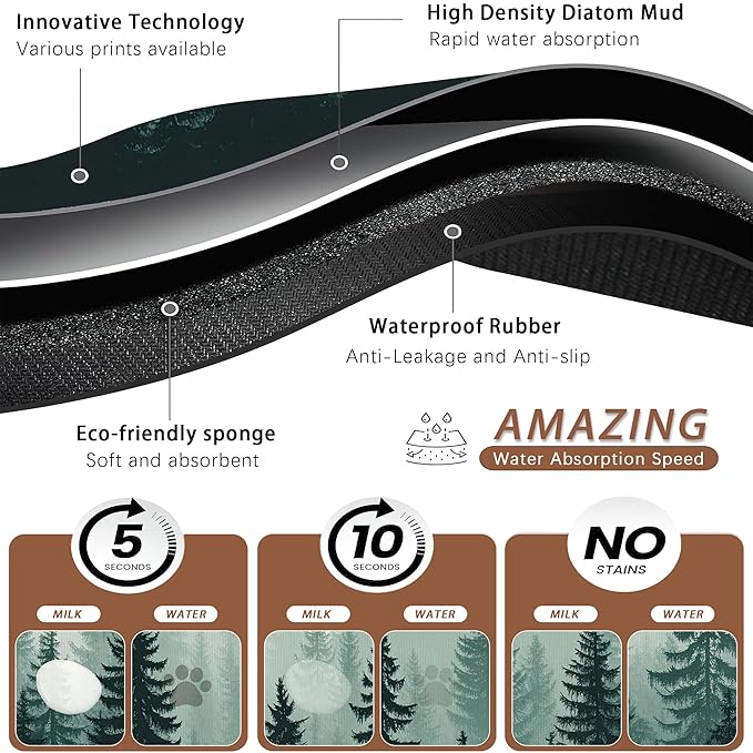 Misty Forest Pet Feeding Mat,Absorbent Quick-Dry Cat Dog Food and Water Bowl Mats,Non-Slip Rubber Backing Mat,Cat Dog Accessories Supplies 12"x20"
