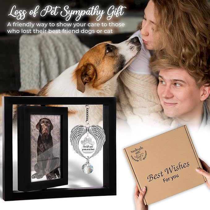 Black Rotating Wooden Picture Frame 4x6 Photo Pet Angel Wings Memorial Ornament Crystal Rainbow You Left Pawprints on My Heart, Dog Cat Bereavement Remembrance Gifts In Loving Sympathy Frame PR-4B