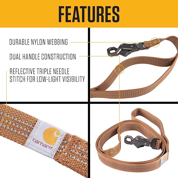 Carhartt Dual Handle Dog Leash, Durable Nylon Webbing Fabric W/Secure Metal Trigger Claw Clasp, Deep Wine, Large