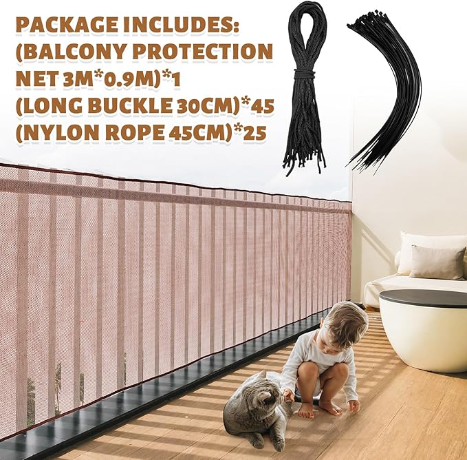 Hosuly Banister Guard 10 x 3 ft Balcony Netting for Kids Pets Stairway Safety Net Baby Fence Door Balcony Netting Safety Mesh Stair Net with No Drilling for Apartment Railing(Brown)