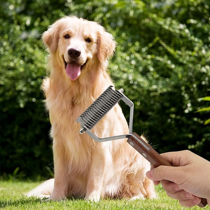 Large 2-Sided Undercoat Rake for Dogs and Cats，Professional Pet Grooming Shedding Tool Combs for Animals，Stainless Steel with Wooden Handle for Thick Coats (20-Blades)