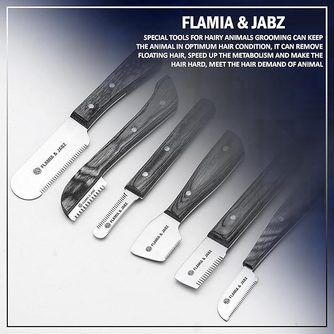 FJ Professional Stripping Knife kit (6 pieces set) for Dogs & Pets, Wooden Handle Grip with Stainless Steel Blade (Right handed) (Black)