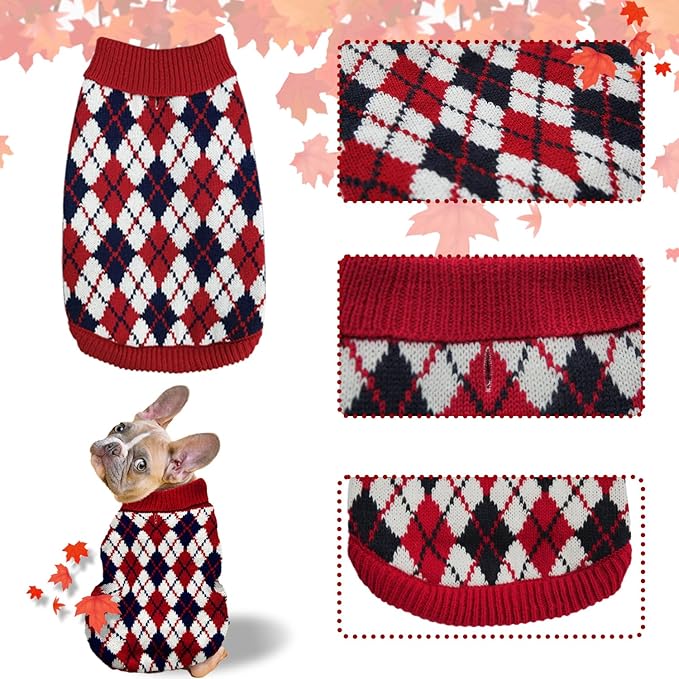 Dog Sweater Knitted Pet Clothes Classic Winter Outfit with Plaid Red Argyle Patterns Warm Dog Turtleneckr Sweatshir for Small Medium Puppies Dogs Cats Large