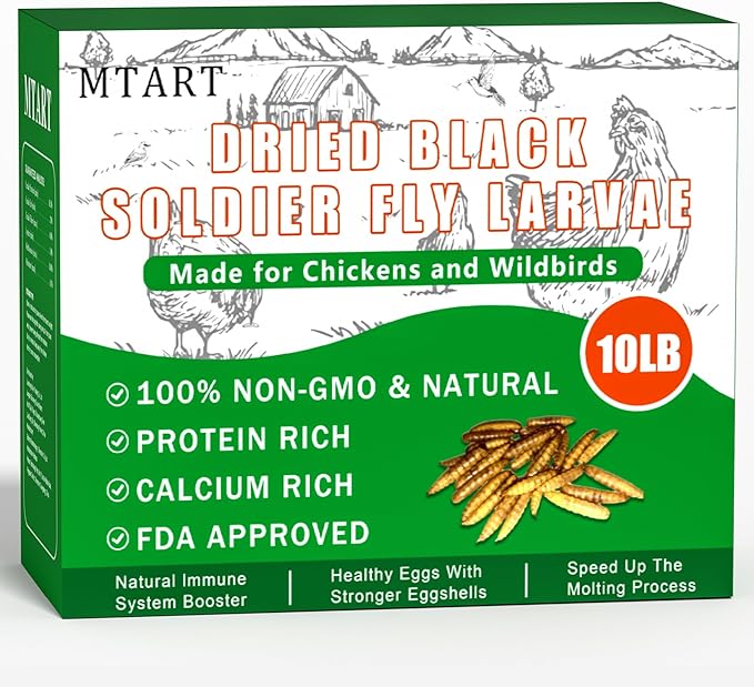 MTART 10LB Dried Black Soldier Fly Larvae Treat for Chicken, 100% Natural Non-GMO More Calcium Than Dried Mealworms High Protein Chicken Feed for Birds, Ducks, Layer Hens