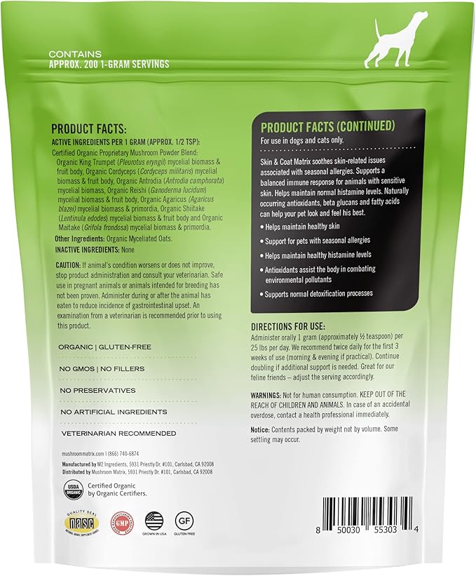 Om Mushroom Matrix Skin & Coat Mushroom Pet Supplement, Provides Seasonal Allergy Skin & Coat Support for Dogs & Cats, 200 Grams, 7.1 oz