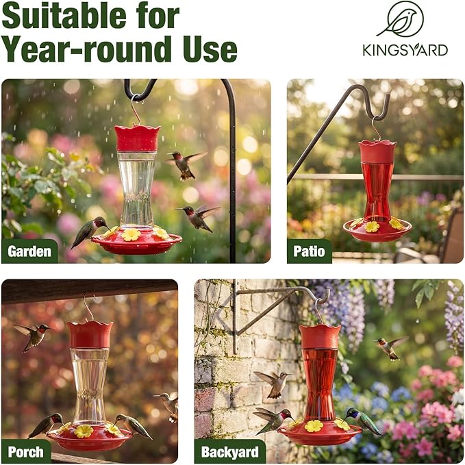 Kingsyard 2-Pack Glass Hummingbird Feeder for Outdoors Hanging, 10 oz Leak-Proof Humming Bird Feeders with Ant Moat & Bee Proof Feeding Ports, Hummingbird Gift for Bird Lovers (Red)