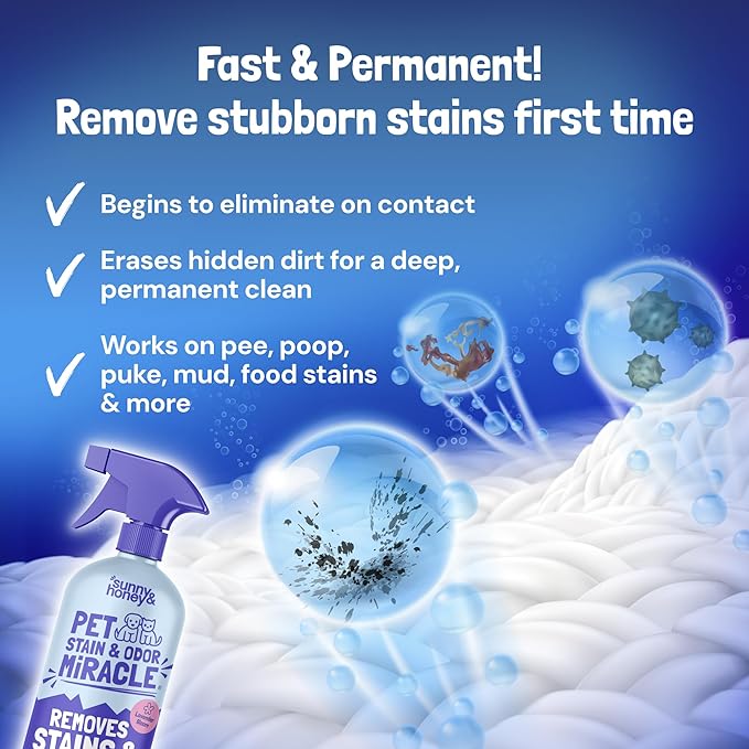 Sunny & Honey Pet Stain & Odor Miracle - Fast Acting Carpet Stain Remover & Urine Odor Eliminator - Enzyme Upholstery Cleaner Spray - For Upholstery, Couch & Mattress (32 fl oz, Light Lavender)