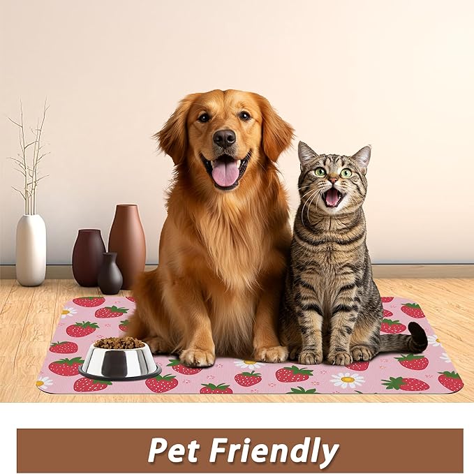 Cute Strawberry Flower Dog Cat Food Mat,Pink Absorbent Pet Feeding Mat with Rubber Backing,Non-Slip Water Bowl Placemat,Indoor Pet Accessories Supplies 16"x24"