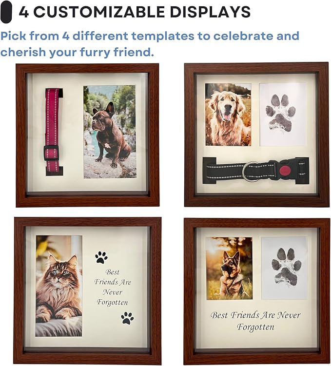 Dog Paw Print Kit for Dogs, Dog Picture Frame with Shatterproof Plexiglass, 4 Customizable Displays, 9”x9”, Pet Memorial Gift for Dogs, Loss of Pet Sympathy Gift, Pet Paw Print Impression Kit (Brown)