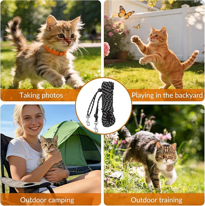 30FT Reflective Cat Leash,Escape Proof Long Training Lead for Cats Kittens & Small Pets,Durable Outdoor Walking Leash with Waste Bag Dispenser(Black)