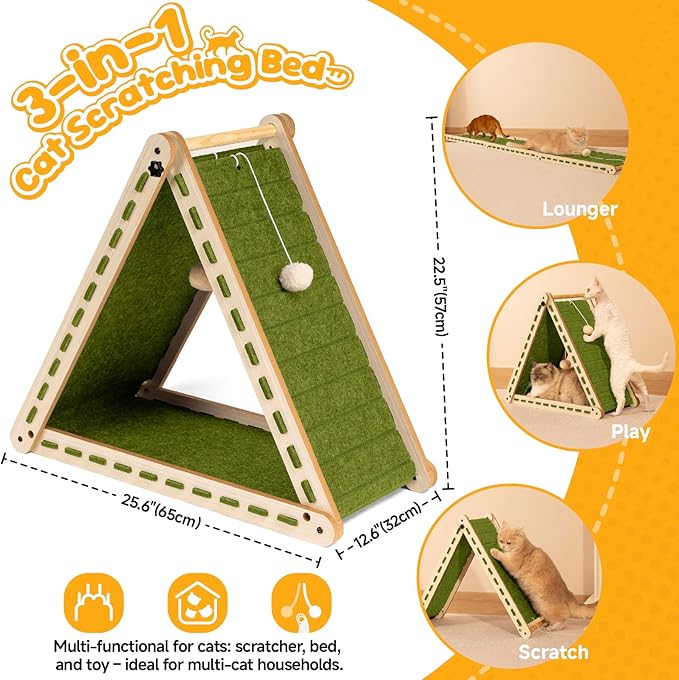 Cat Scratcher with Ball Toy Foldable Cat Scratch Pad Felt Triangle Scratchers for Indoor Cats Large Cat Scratching Board Mat Cats Scratch Furniture Protector Kitten Toys Green