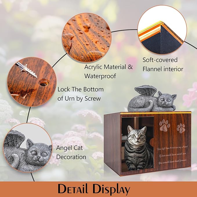 Cat Urn for Ashes - Large Wooden Texture Acrylic Memorial Urn with Angel Cat Statue, Pet Urns for Cats Ashes Keepsake Box - Sympathy Remembrance Gift for Loss of Beloved Pet Urns for Cats