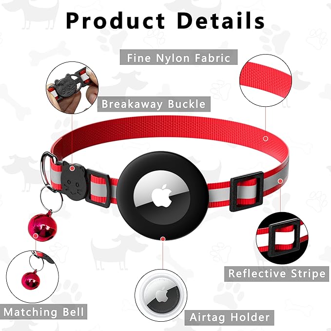 Cat Collar with Air Tag Holder, Reflective Kitten Collar with Bell, Breakaway Airtag Cat Collar for Boys Girls Cats, GPS Tracker for Cats 0.4’’ Width Adjustable Safe Kitty Collar, Red