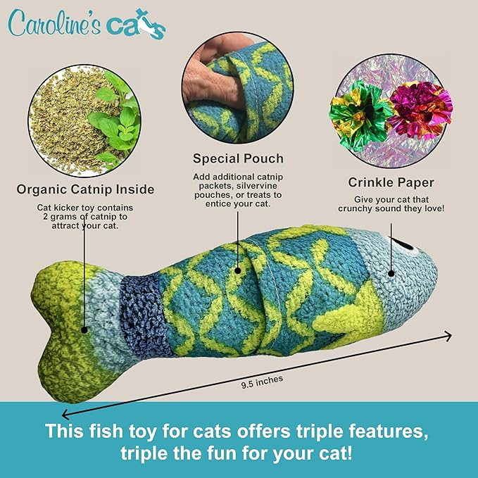 Caroline's Cats Refillable Catnip Pouch Cat Kicker Toys with Crinkle Sound Inside, Interactive Fish Toy for Cats, Plush Indoor Cat Nip Kitty Kick Sticks, Comfort Pillow for Kittens, 9.5 Inches