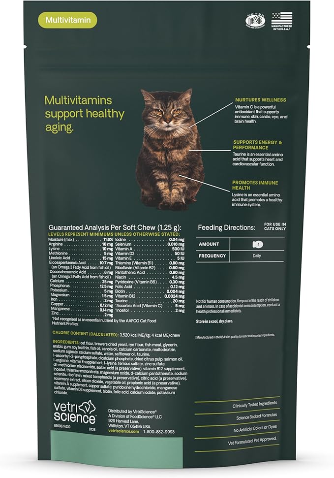 VetriScience Senior 27+ Active Health Chews, Nu Cat Daily Multivitamin for Senior Cats, Balanced Vitamins, Minerals and Antioxidants, Healthy Aging and Wellness Support, Fish, 30 Count