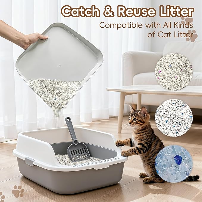 Elevated Litter Box Ramp/Steps for Kittens & Old Cats,Washable Litter Catcher Stairs for Automatic Cat Litter Box,Anti-Tracking Cat Litter Mat Pedal with Filter,Easy to Clean (Light Grey)