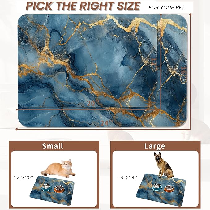 Marble Pet Feeding Mat,Blue Gold Marble Absorbent Quick-Dry Cat Dog Food and Water Bowl Mats,Non-Slip Rubber Backing Mat,Cat Dog Accessories Supplies 16"x24"