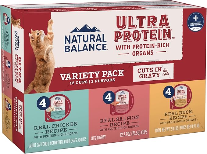 Natural Balance Ultra Protein Wet Cat Food Cuts in Gravy, Variety Pack with Protein-Rich Organs for Cats, Organ Cat Food with High Protein - 2.7oz. Case of 12