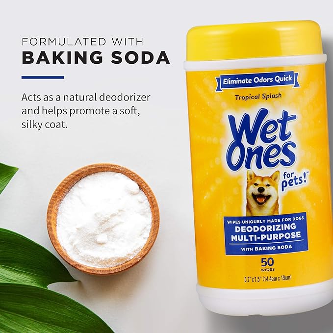 Wet Ones for Pets Deodorizing Multipurpose Dog Wipes with Baking Soda, Tropical Splash Scent - Desmellizing Wipes for Dogs in Canister, 50 Count - 3 Pack