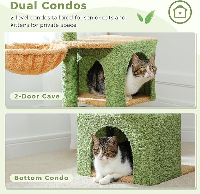 Green Cat Tree for Indoor Cats, 43" Small Cat Tower with Realistic Leaves, Scratching Posts, Dual Condos and Cozy Hammocks, Kitten Activity Center with Dangling Ball