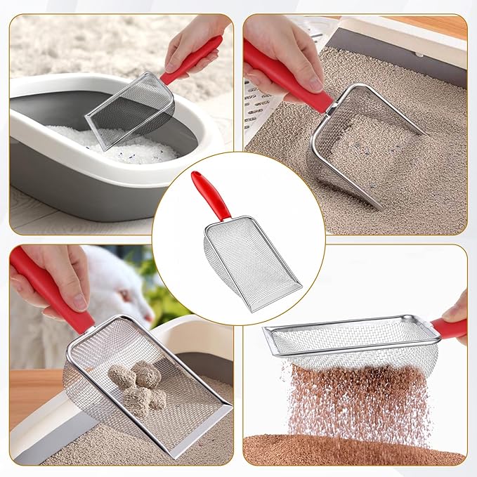 Stainless Steel Mesh Litter Shovel, Fine Mesh Metal Reptile Litter Cleaner Scooper, Black Non-Slip Handle Sifter for Lizard Substrate Reptile Terrarium Sand Waste, Red