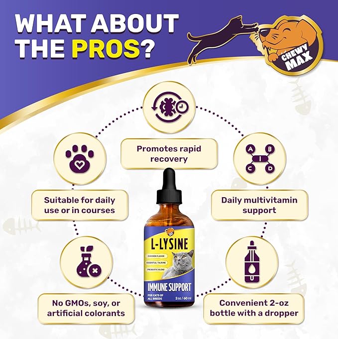 L Lysine for Cats & Kittens Helps with Watery Eyes, Sneezing, Cough, Runny Nose – Natural Cat Antibiotic Supplement with Taurine, Vitamins for Eye Function & Immune Support – Chicken Flavor – 2 oz